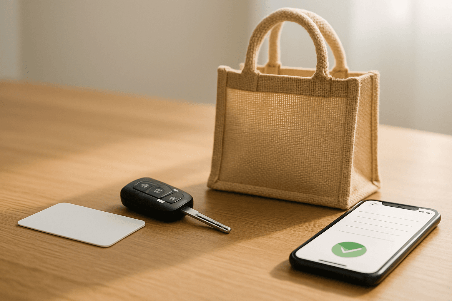 Driver's license, car key, insulated grocery bag and smartphone with a checkmark laid out on a table, representing what you need to sign up as a shopper