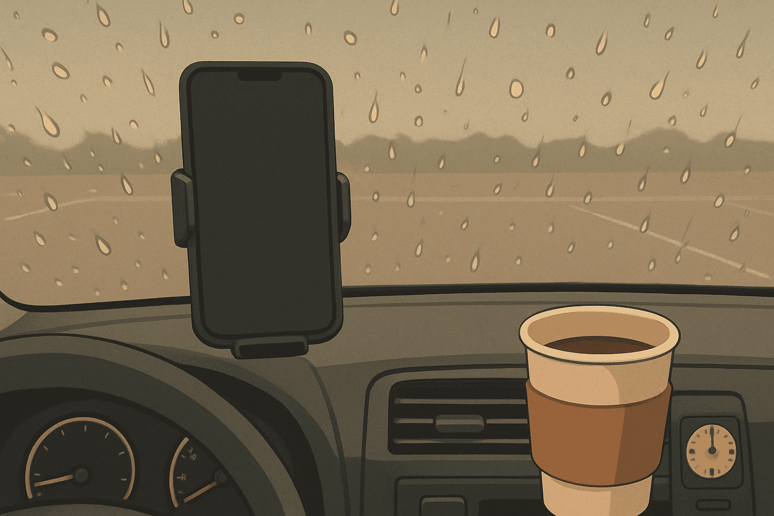 Car dashboard with a dark phone in a mount and a half-finished coffee, looking out at an empty parking lot in the rain.