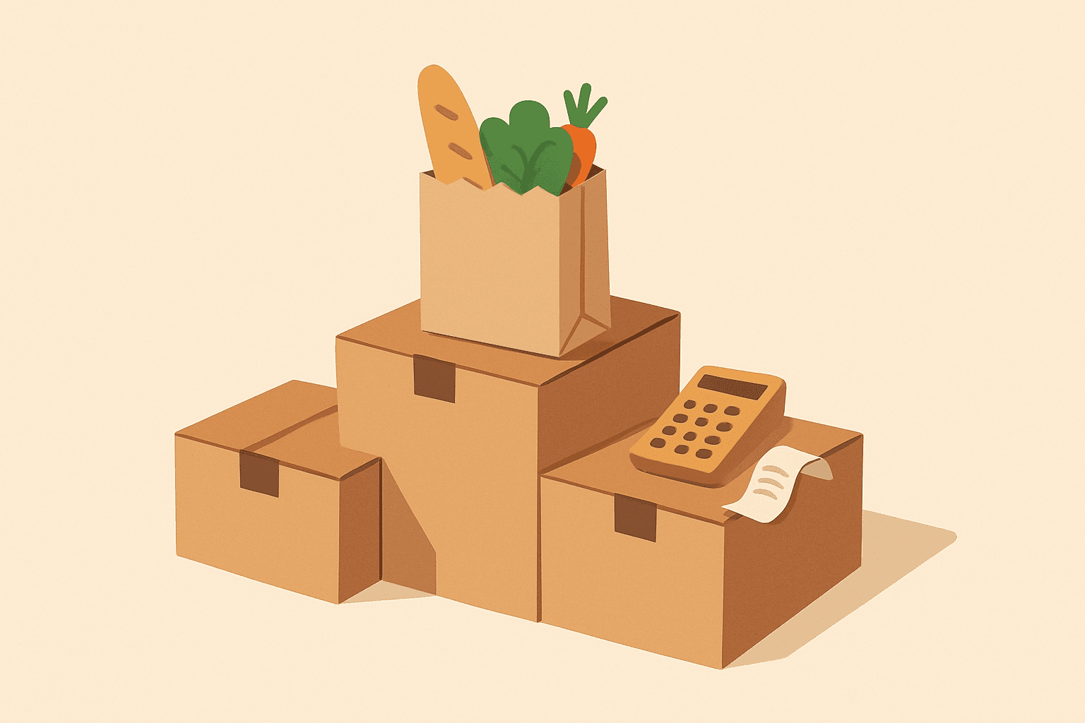 A three-step podium made of stacked cardboard boxes with a grocery bag on top, next to a calculator and a receipt