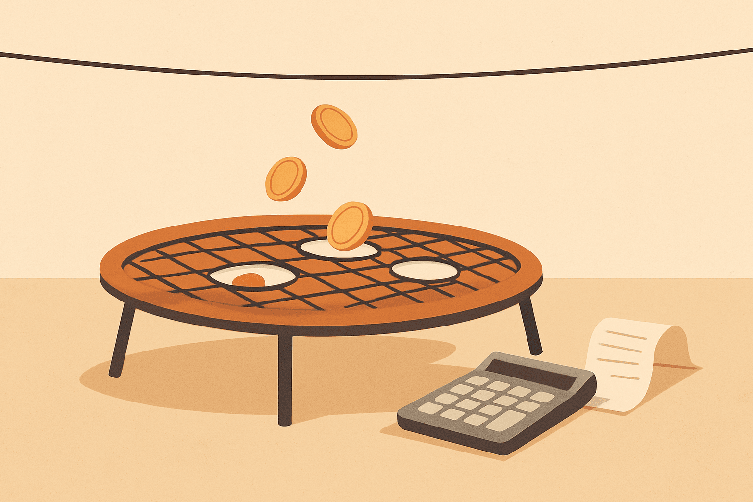 A safety net with holes under a tightrope, coins falling through, next to a calculator and a receipt
