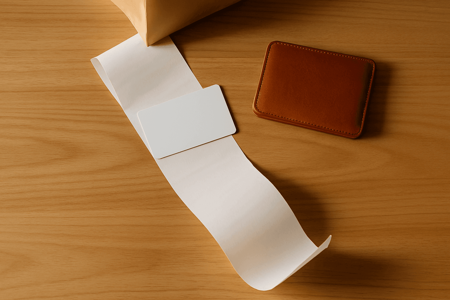 A blank payment card resting on a long paper receipt, with a personal wallet set aside and untouched