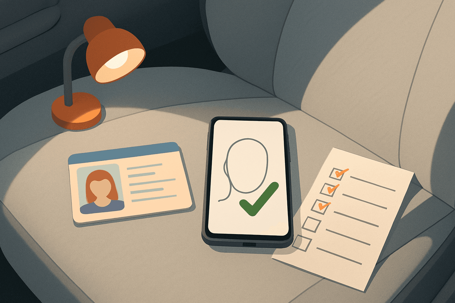 A driver's license next to a smartphone with a face outline and a partly completed checklist, representing identity verification steps
