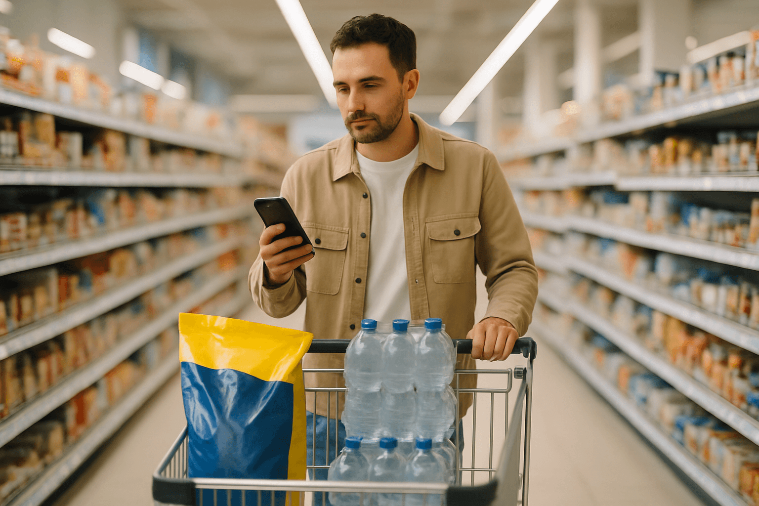A grocery shopper pushing a cart loaded with water cases and pet food while checking a phone