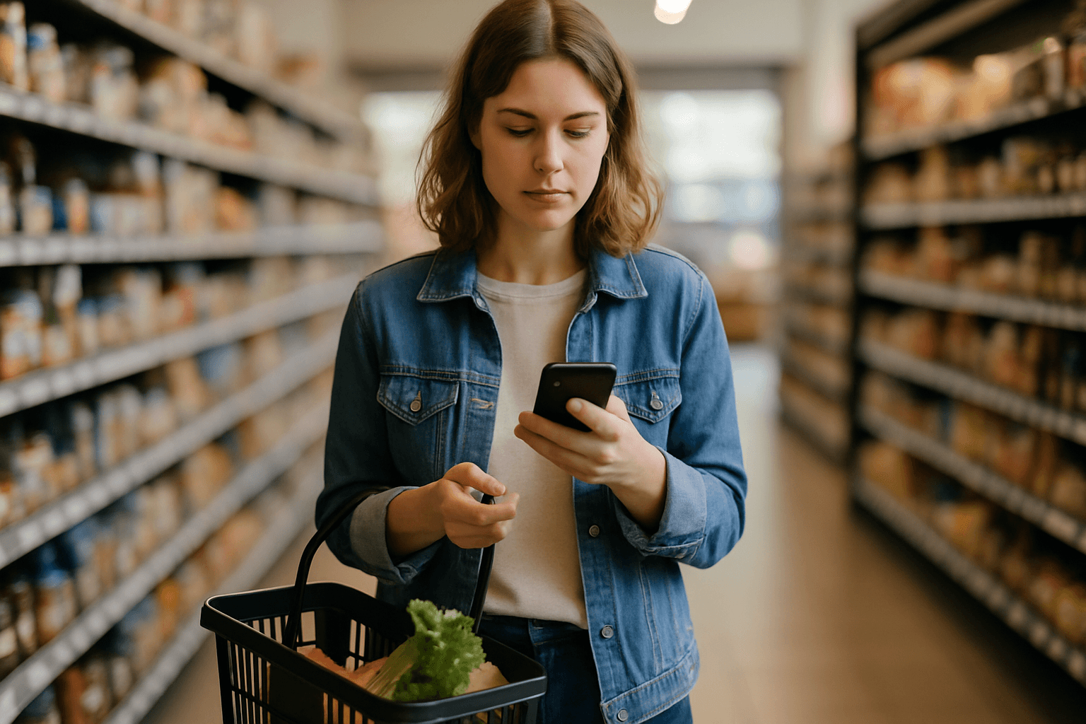 A grocery shopper in a store aisle looking at their phone while holding a basket